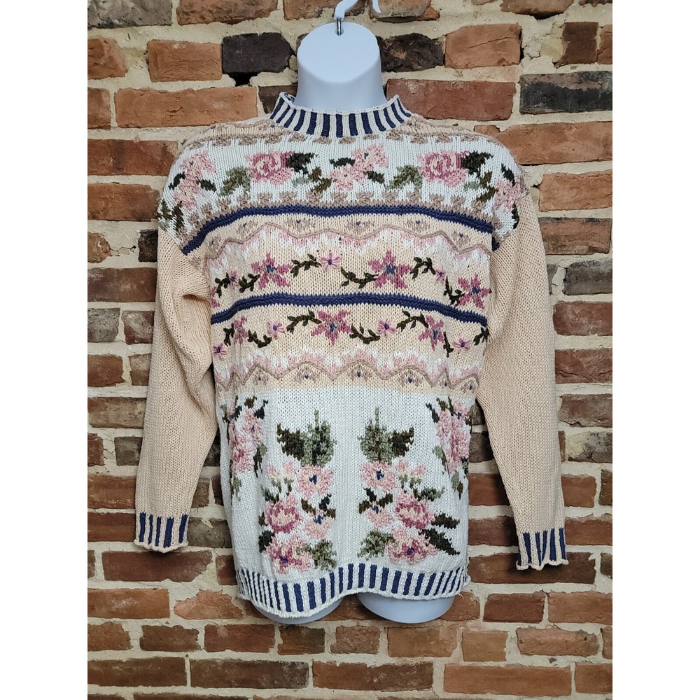 Cotton Knit Sweater Floral Cottagecore Medium Vtg Jennifer Reed Company